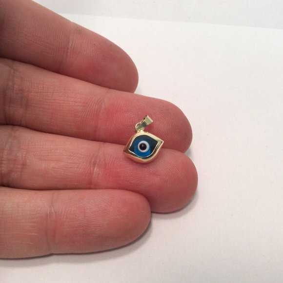 14k Yellow real Gold EVIL BLUE EYE Protect Charm .8gr - Picture 3 of 6